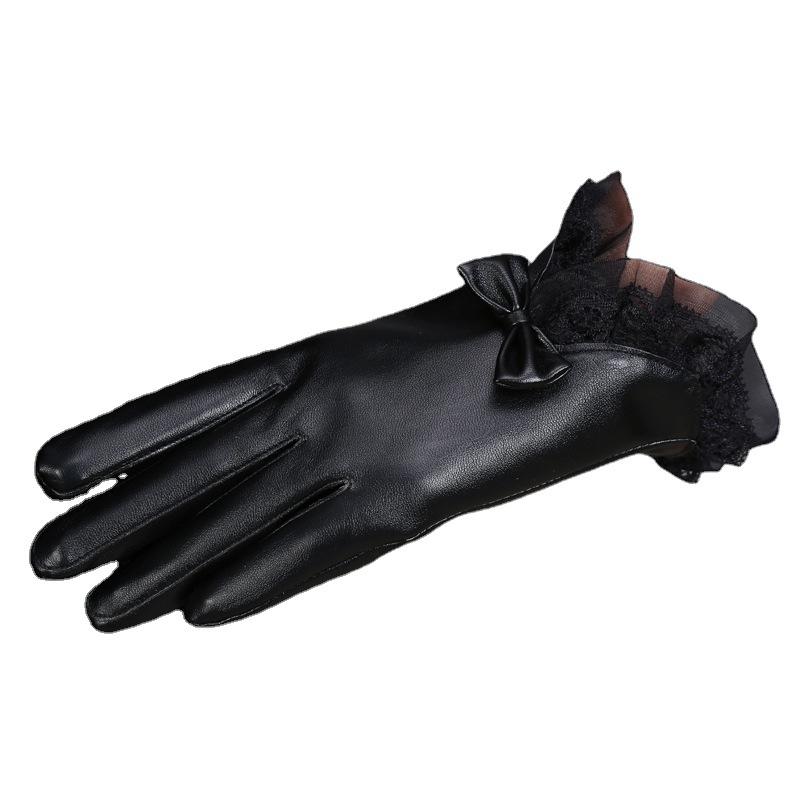 Ladies' Gloves with Bow Lace and Velvet Faux Leather Touch Screen Warm and Windproof PU Leather Gloves Simple and Elegant