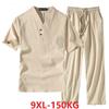 Men's Clothing Large Size Tracksuit Husband Summer Suit Linen T-shirt Fashion Male Set Chinese Style Plus Two Piece