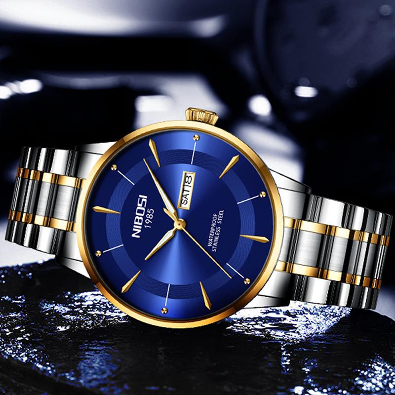NIBOSI Fashion Quartz Watch for Men Luxury Stainless Steel Waterproof Luminous Date Week Cool Black Mens Watch Relogio Masculino