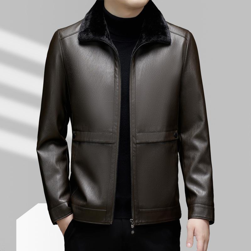 Кожаная куртка мужская бархатная утолщенная мужская меховая зимняя теплая кожаная куртка с лацканами