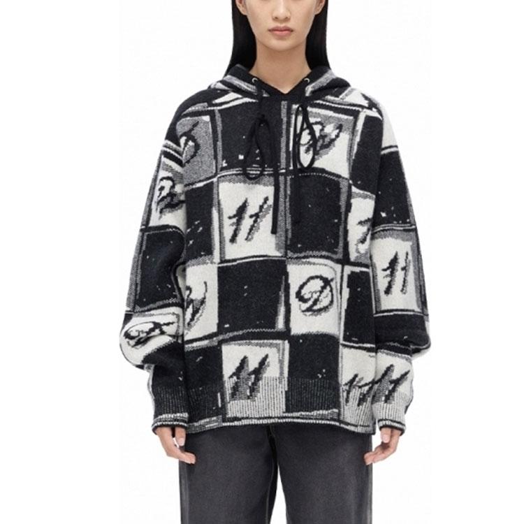 We11done Chess Board Graphic Knit Hoodie Black Unisex Tops WD-KT3-22-640-U-BK