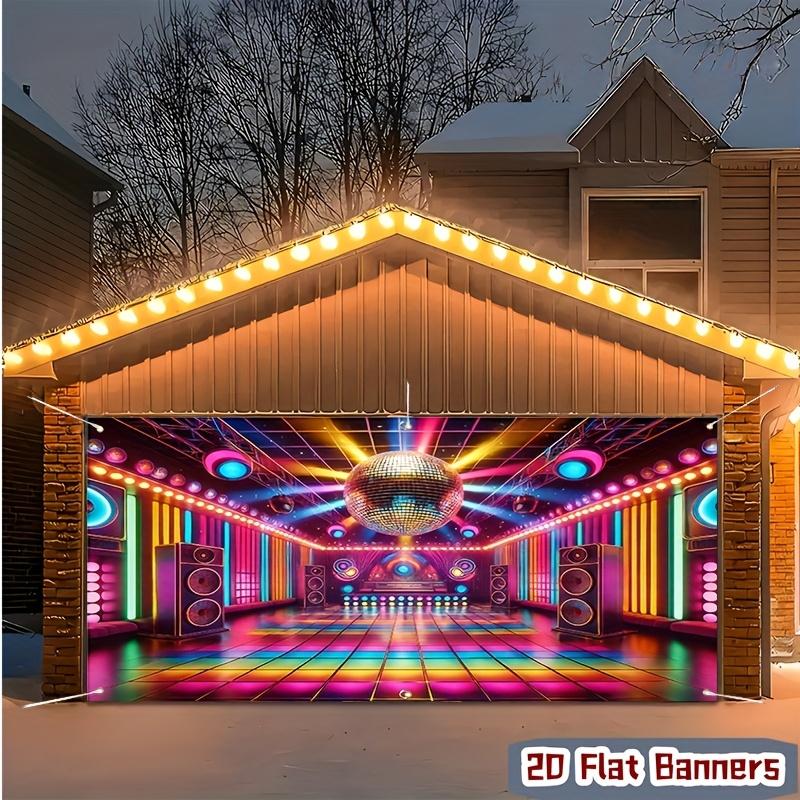 2D planar garage door banner 1 piece. Vibrant disco ball dance hall background banner, washable and reusable polyester.