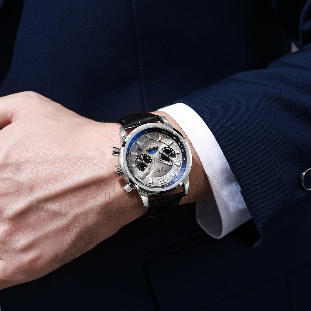 Creative Meteorite Dial Mechanical Watch Moon Phase Window Week Month Calendar Display Men's Waterproof Luminous Mechanical Watch