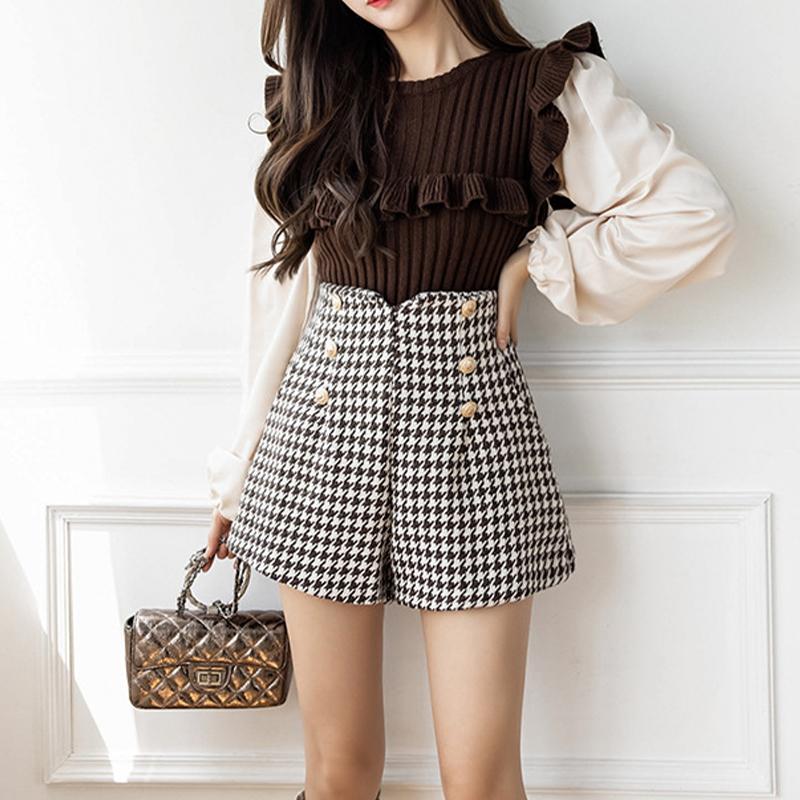 Shorts Women's High Waist Tweed A-line Casual Plaid Wide-leg Pants