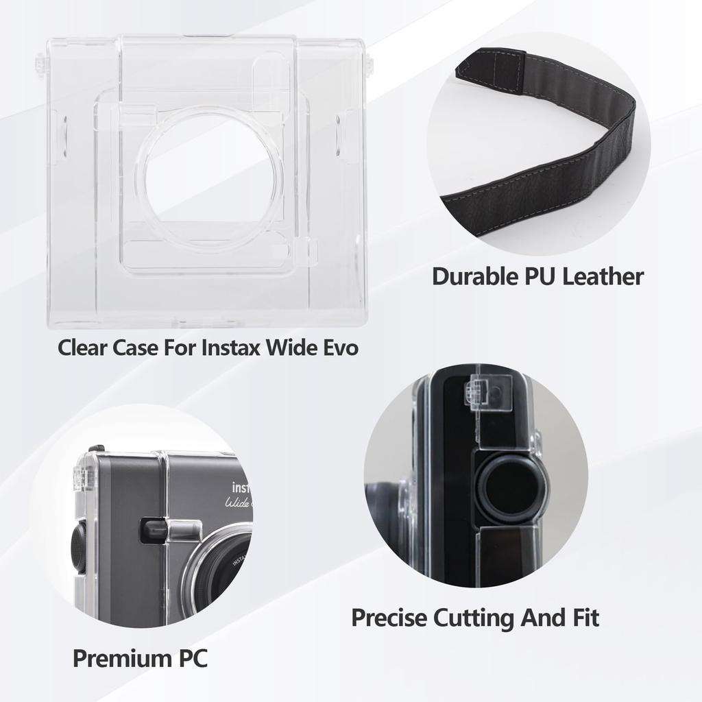 HIYQIN Clear Case with Lens Cap for Fujifilm Instax Wide Evo, Aluminum Black, with Lens Cap and Anti-Loss Cord