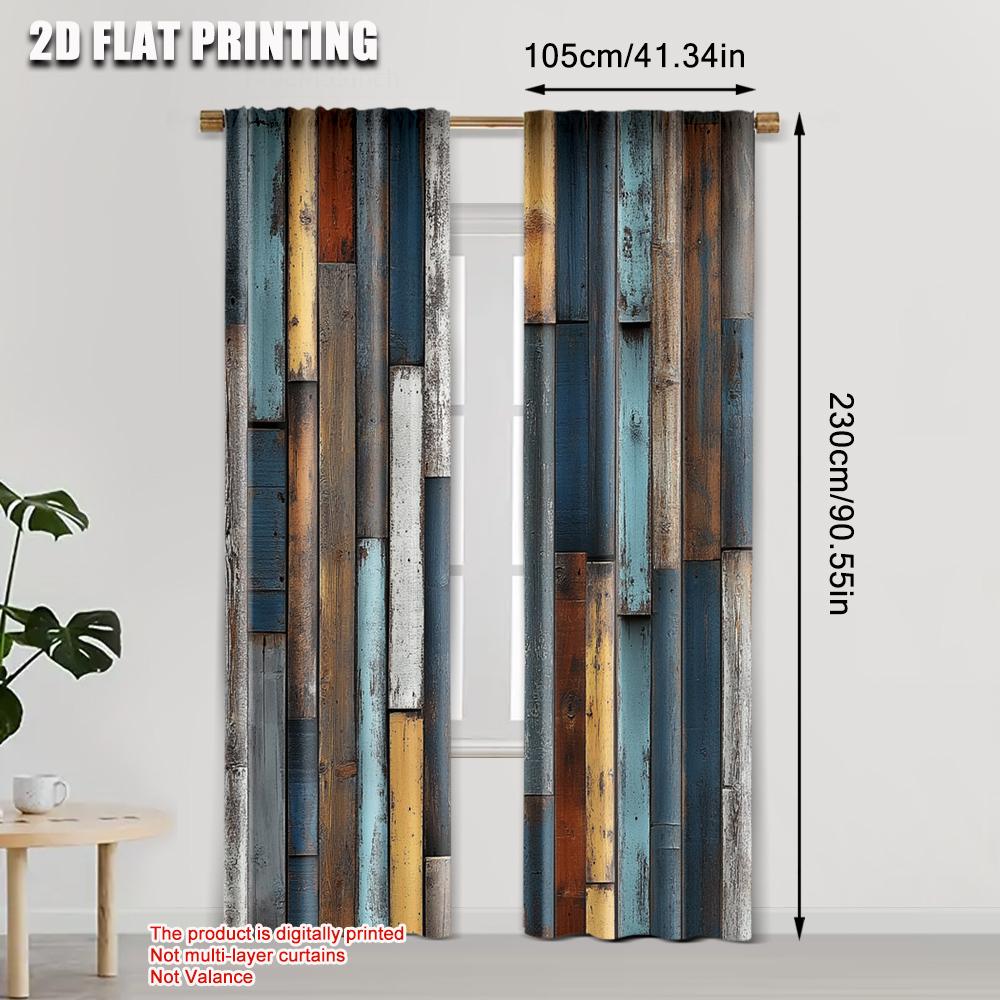 2pcs, Popular Curtain Panels 2D print Retro Faux Wood Plank Machine Washable Fabric (without rod) Gifts Perfect for Living Room,