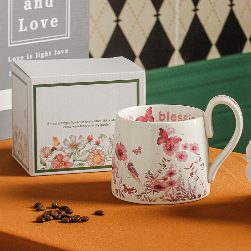 Hand Painted Cartoon Flower Large Capacity Mug Ceramic Cup High Value Coffee Cup Water Cup