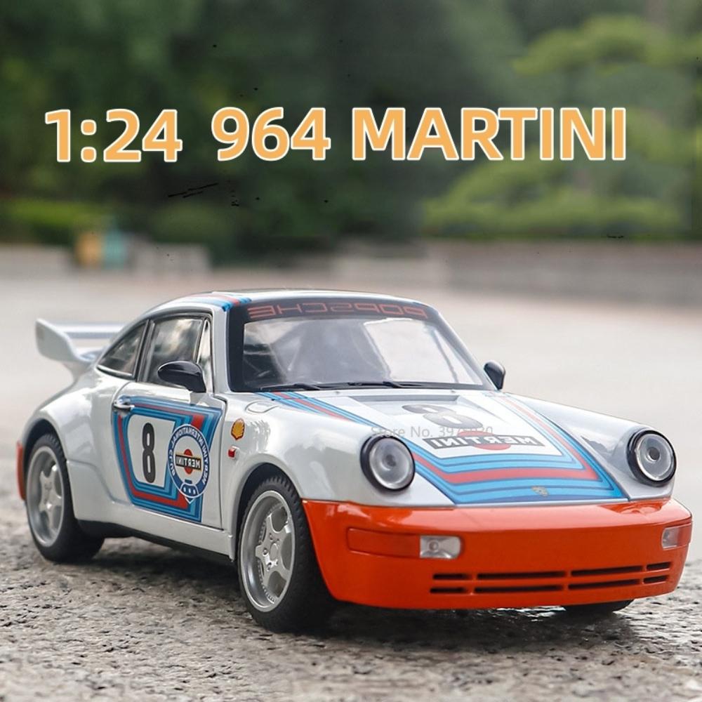 Игрушечная модель Porsche 964 Martini 1/24 из литого под давлением сплава, винтажная классическая модель спортивного автомобиля со звуком и светом, коллекционные игрушки для детей, подарок