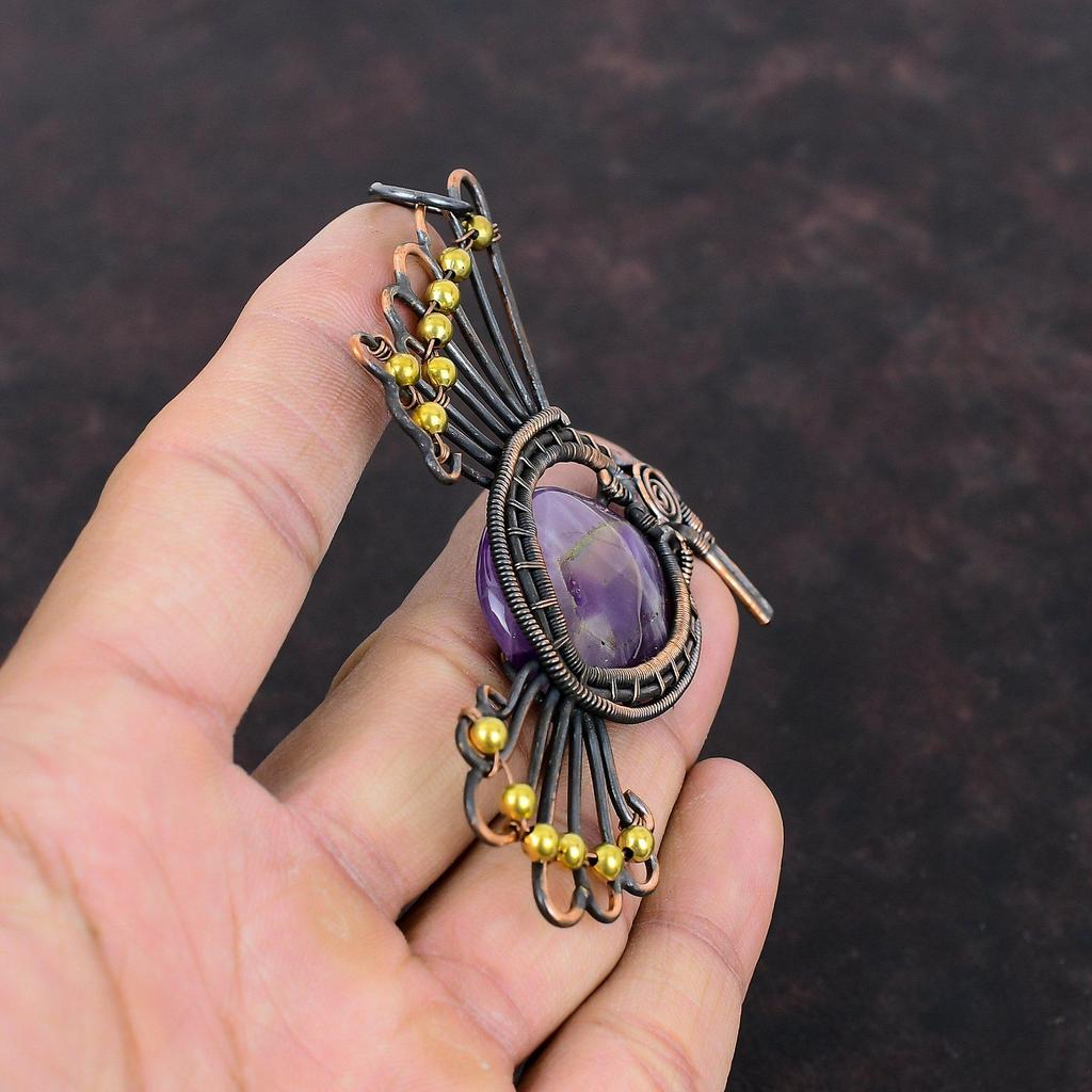 Кулон со звездой и аметистом, кулон в медной проволоке, ювелирные изделия ручной работы, уникальный кулон в виде птицы, удивительные медные украшения, кулон с драгоценным камнем, подарок для жены