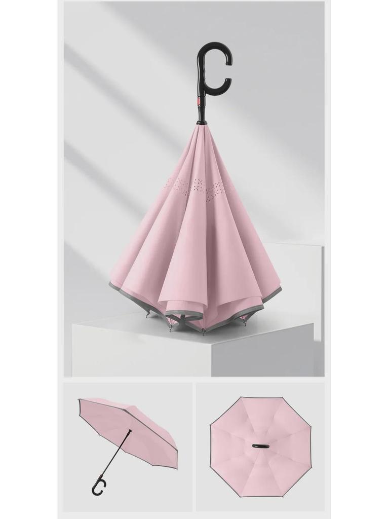 Двухслойный автомобильный зонт с автореверсом и светоотражающей полосой — ветроустойчивый, большой, для солнечных и дождливых дней.