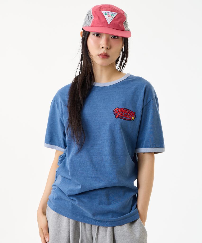 UNKNOWN PLANET [Unp] Pigment-Dyed Graphic Ringer T-Shirt Blue