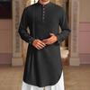 Men's Cotton Linen Kaftan Long Sleeve O-Neck Robe Solid Color Button-up Collar Thobe Breathable