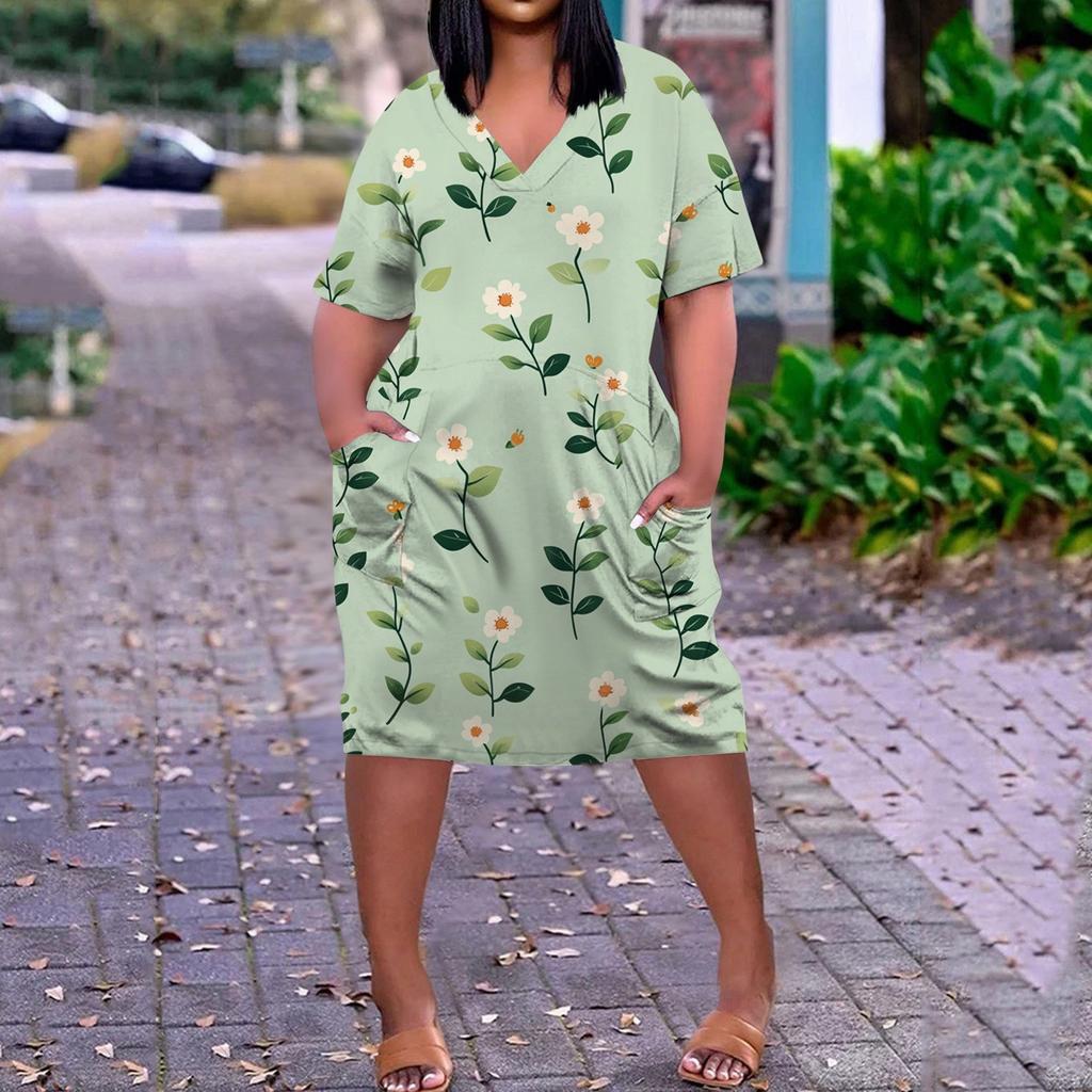 Летнее повседневное платье больших размеров с V-образным вырезом и коротким рукавом, карманом на колене для женщин
