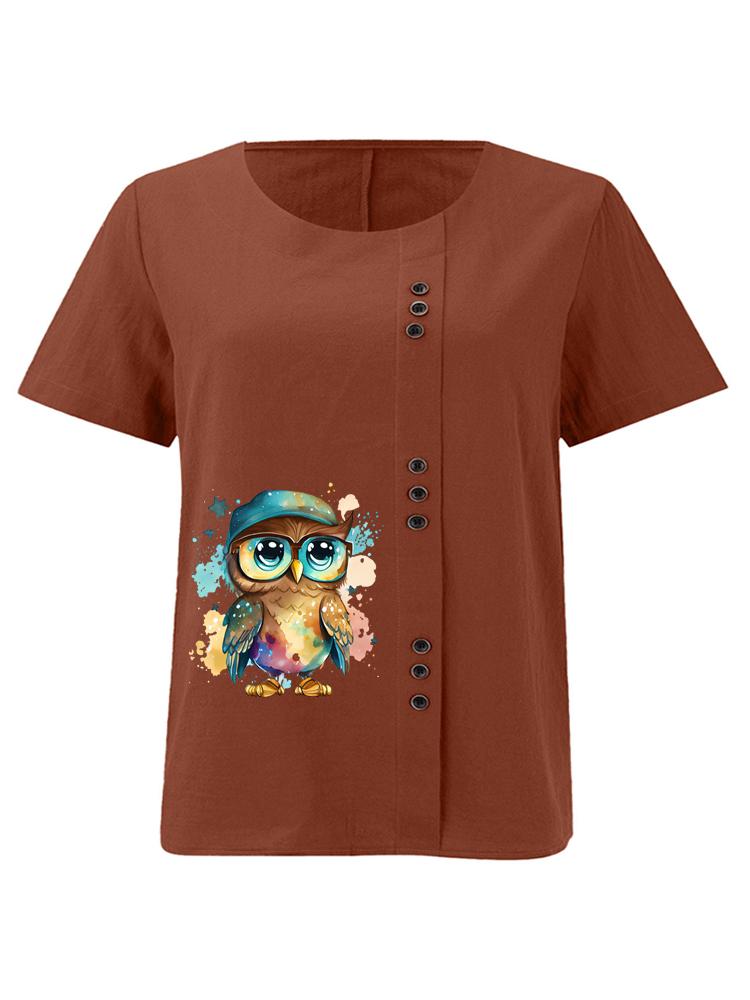 Women's Fashion Cool Owl Print Round Neck Short Sleeve T-shirt Summer Casual Cotton Linen Graphic Shirt Leisure Loose Blouse Tops