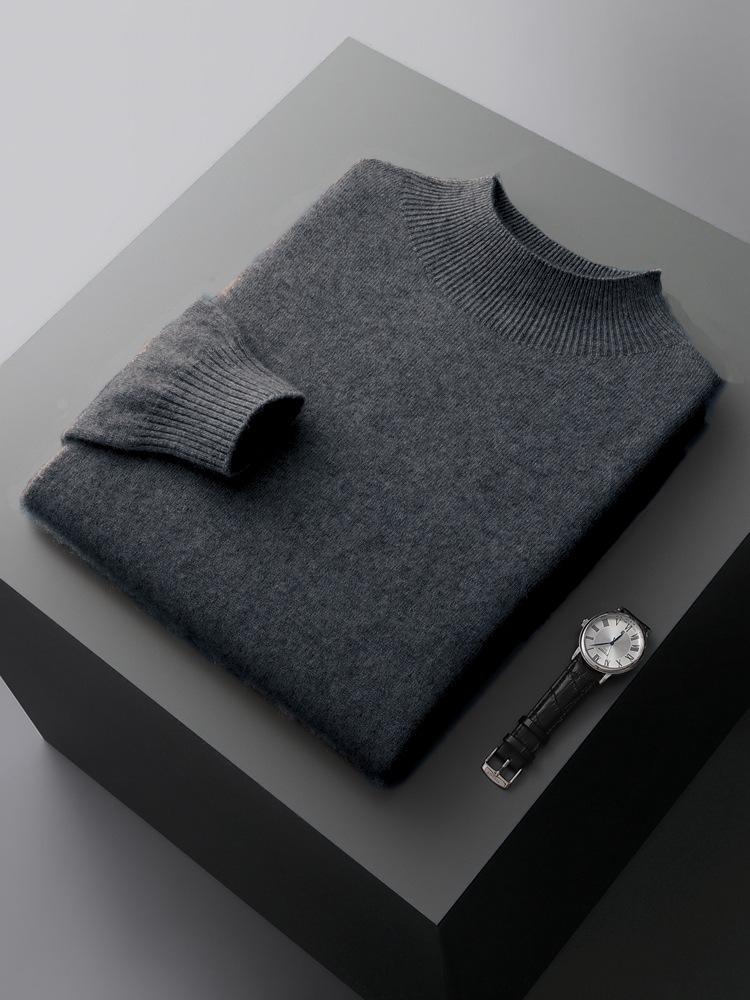 Men's Pure Wool Half-High Collar Solid Color Pullover Sweater - Loose, Plus Size, Warm Knitwear