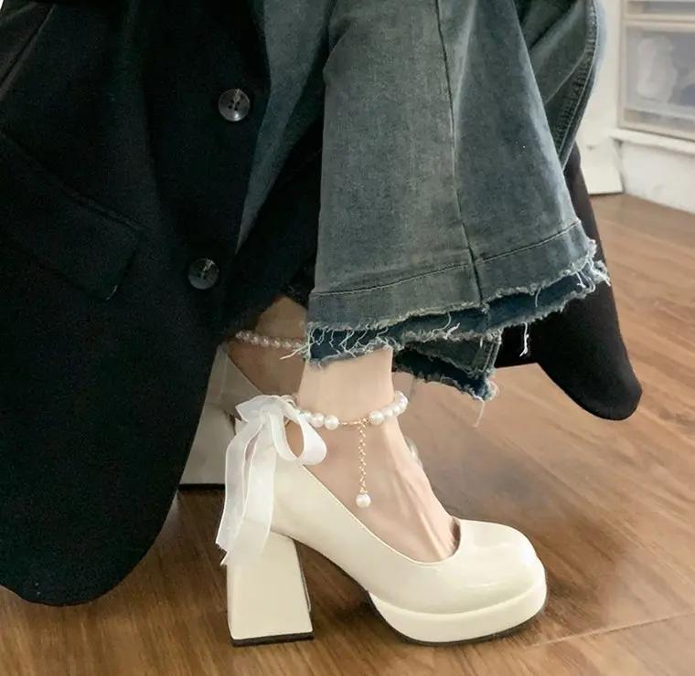 Fashion Lolita Shoes Women Japanese Mary Jane Heeled Shoes Women Retro Pearl Bow Ankle Strap High Heel Platform Shoes Chaussure Femme