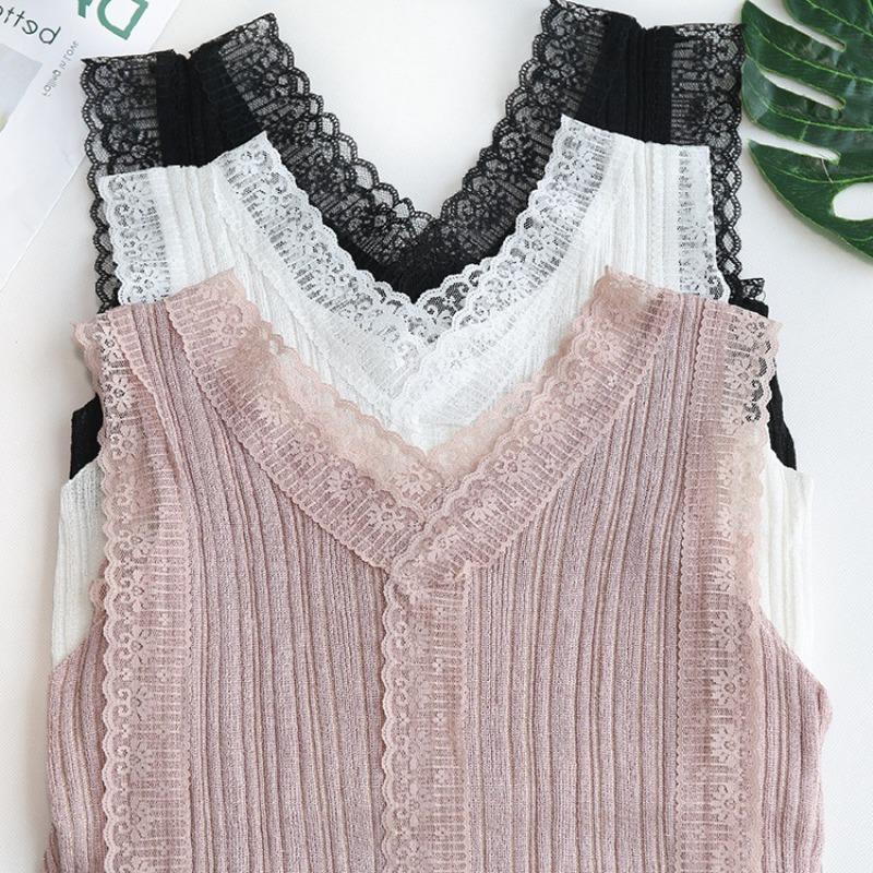 Sweet V-neck Hollow Lace Knit Small Vest Female Korean Version Slim-fit Outside Wear Inside Sleeveless Blouse Base Small Shirt