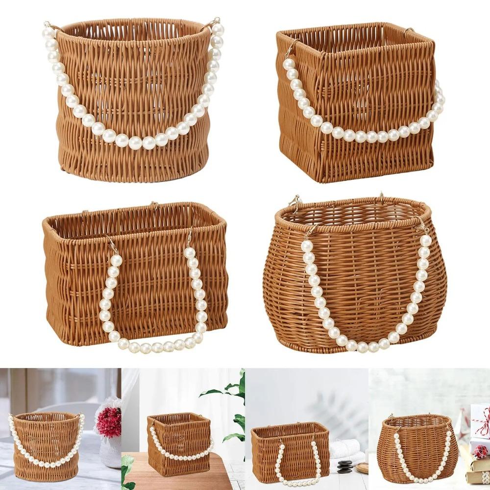 Pearl Handle Woven Flower Basket Versatile Storage Basket Fashion Flower Basket Fruit Vegetable