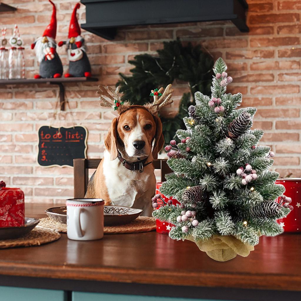 20 Inch Small Christmas Tree Tabletop Decor with Warm White LED Light String Red Fruit Plastic Pine