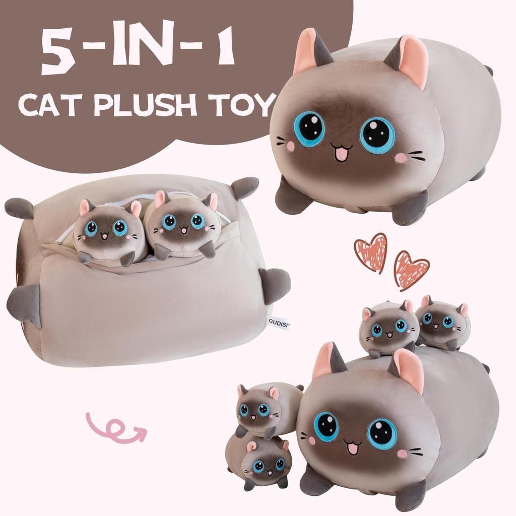 Плюшевая игрушка кошка - Мама-кошка и четыре котенка - Плюшевая игрушка кошка, Подушка-тело кошка, Сжимающееся животное, Подарок на день рождения, Мальчики, Девочки, Рождественский подарок (СЕРЫЙ КОТ,