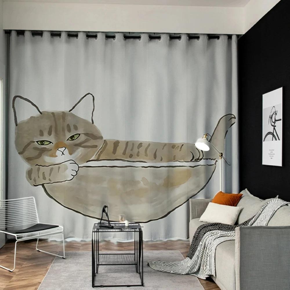 Cartoon Adorable Cat Print Pattern High Shading Drape Children's Bedroom Space Window Opening Drape Hook Top Ring New A Variety of Styles 2 Panels4