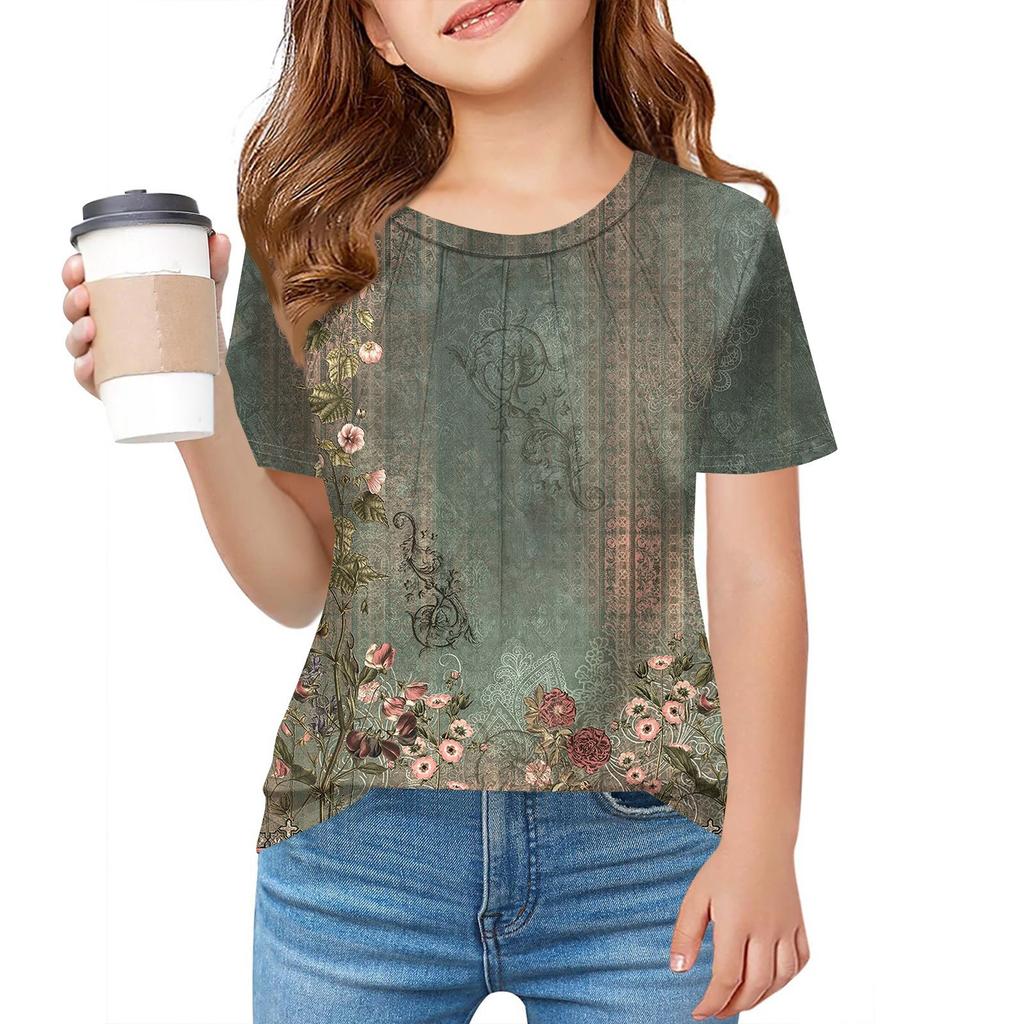 Детская футболка Fold A для девочек, летняя модная куртка с круглым воротником и цветочным принтом с короткими рукавами