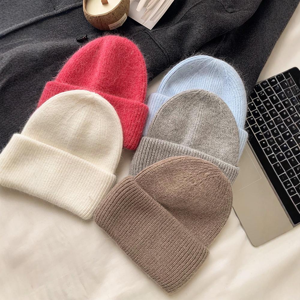 Fluffy Angora Hat Rabbit Fur Warm Winter Hat for Womans Cashmere Wool Soft Beanies Blue Knitted Hat Outdoor Ski Female