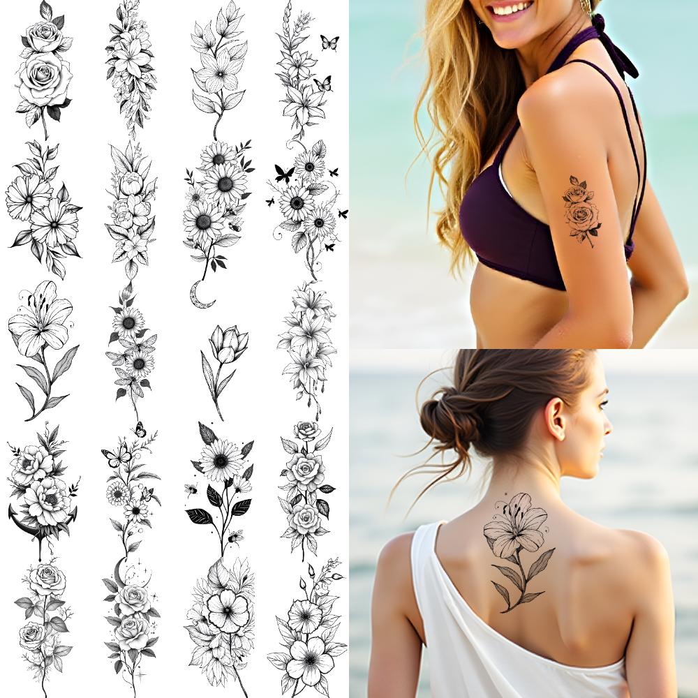 12 шт. Временные татуировки Цветочные узоры Водонепроницаемые Долговечные Наклейки на тело Для бедер Женские Взрослые