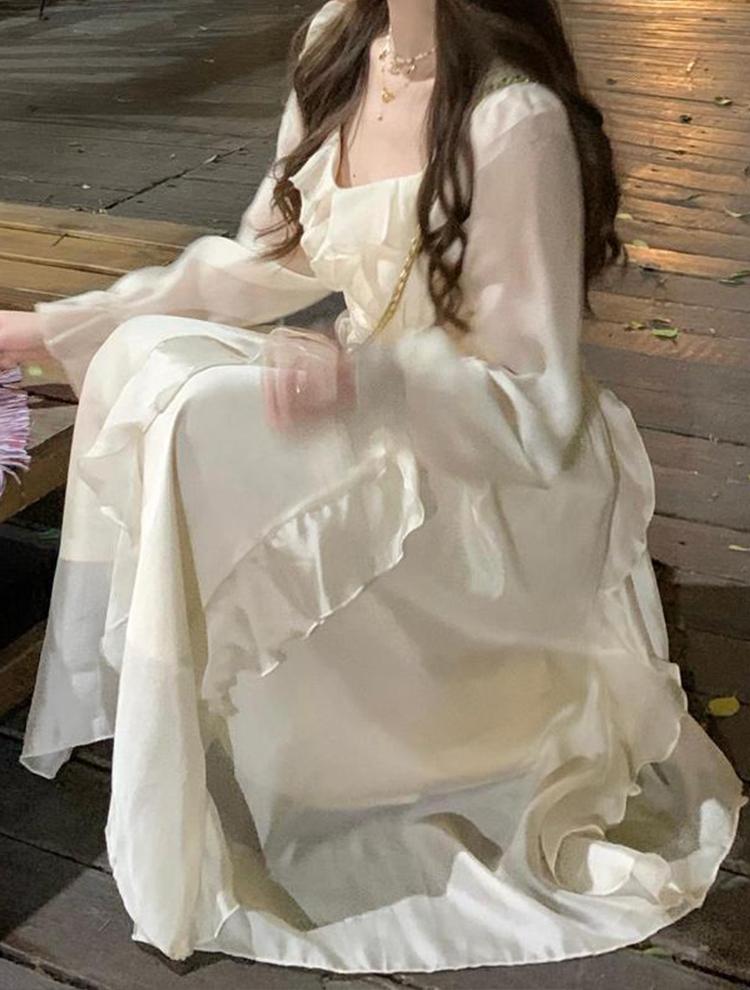 Элегантное милое платье феи, женское весенне-летнее платье миди с длинными рукавами, корейское винтажное однотонное платье с высокой талией