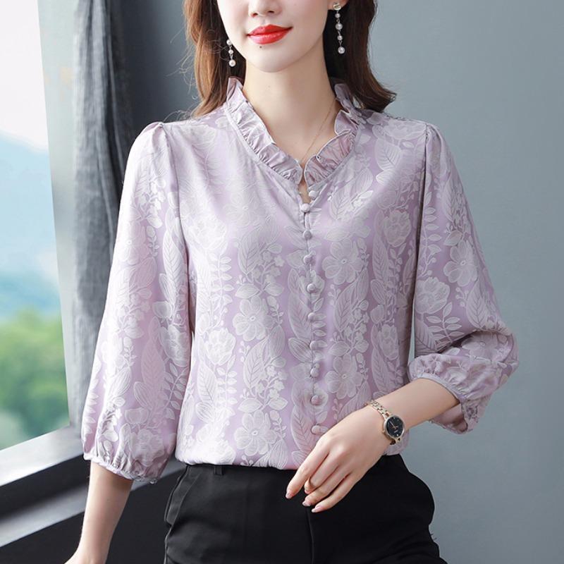 Satin T-shirt for Women In Spring with Three Quarter Sleeves Black Fungus Edge V-neck Shirt Meat Cover Shirt Blouses & Shirts
