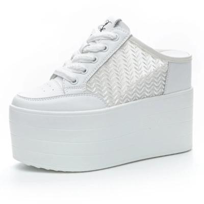 Модные 12 см шлепанцы кроссовки слипоны женские летние туфли танкетка микрофибра кожа воздушная сетка блестящие сандалии на платформе