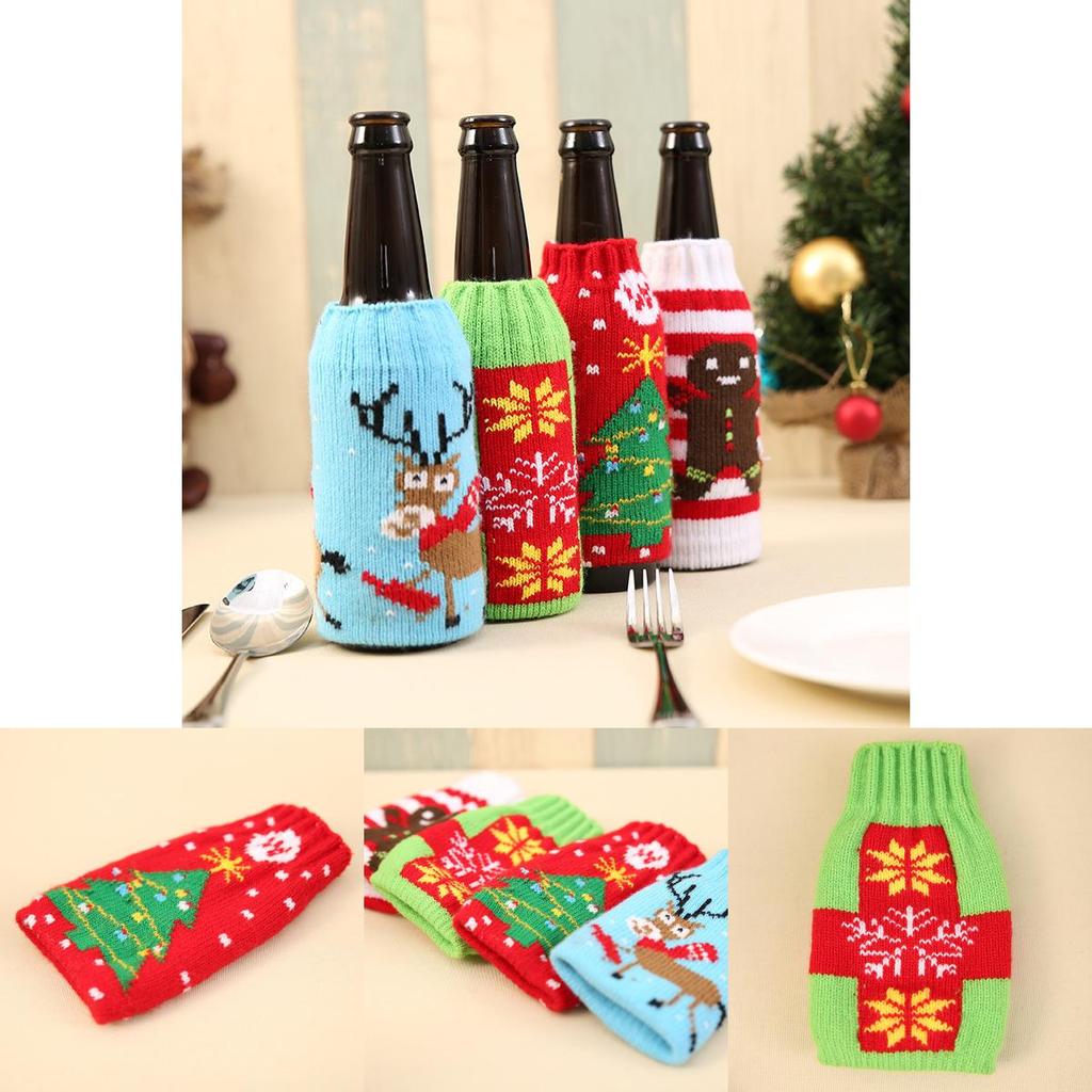 Стильный вязаный рождественский чехол для пивной бутылки с красивыми мотивами снежинок и оленей, идеально подходящий для праздничного настроения.