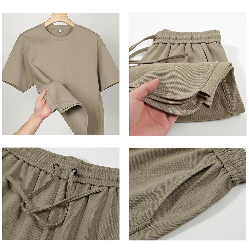 Мужской комплект из двух предметов: верх-нижний, хлопок, полиэстер, футболка с короткими рукавами, четверть брюки на шнурке, однотонные свободные рубашки и шорты, повседневная спортивная одежда