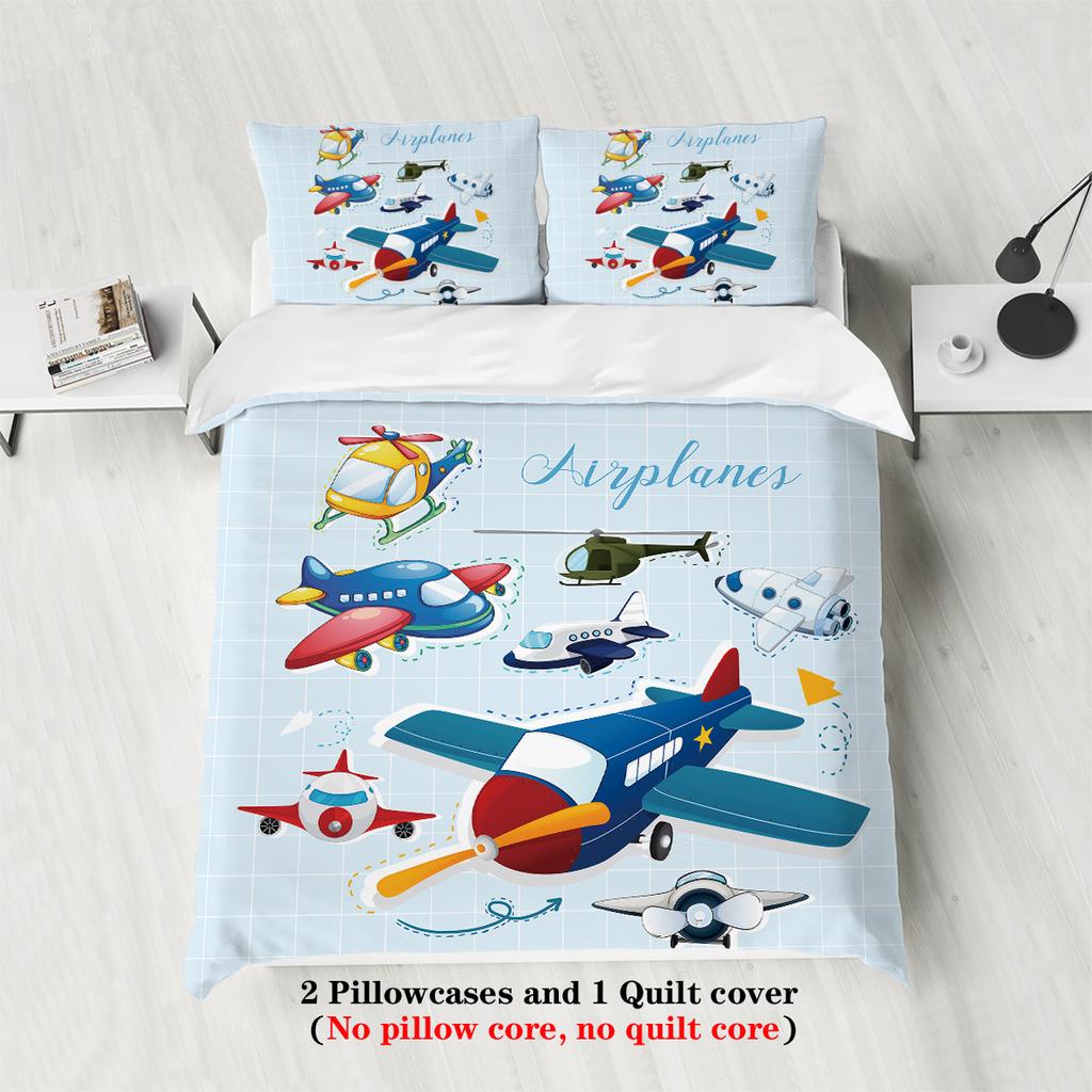 Мультяшный принт с рисунком самолета из 3 частей (1 пододеяльник+2 наволочки, без наполнителя) мягкий и удобный постельный комплект