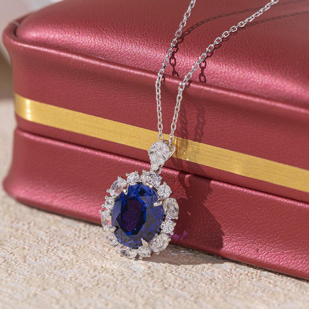 2025 Yuntong 925 Silver Lab-Grown Blue Sapphire & Diamond Pendant Necklace for Women, European & American Style.