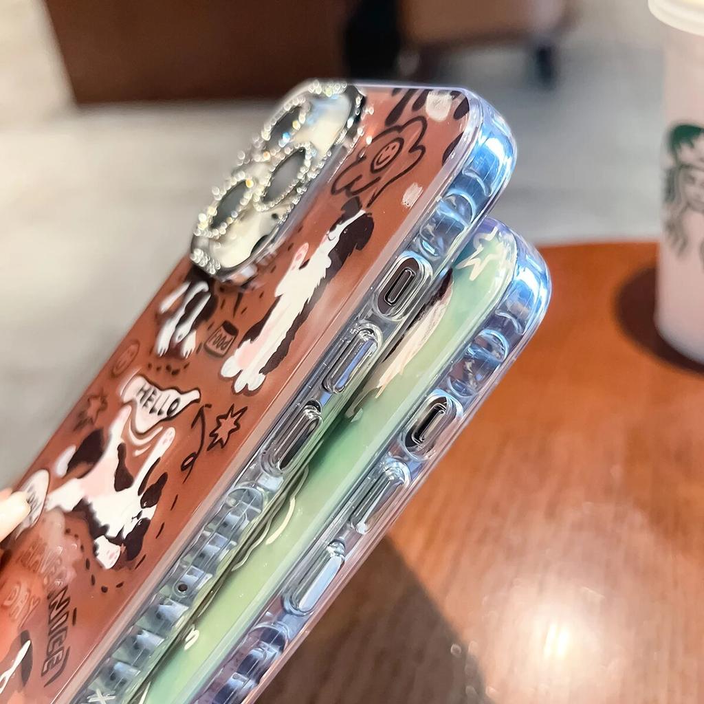 Мягкие чехлы с милой собакой в ​​стиле аниме для iPhone 15, 14, 13, 12, 11 Pro Max Plus, металлические кнопки, блестящие, украшенные драгоценными камнями, защитные пленки для линз, чехлы для телефонов
