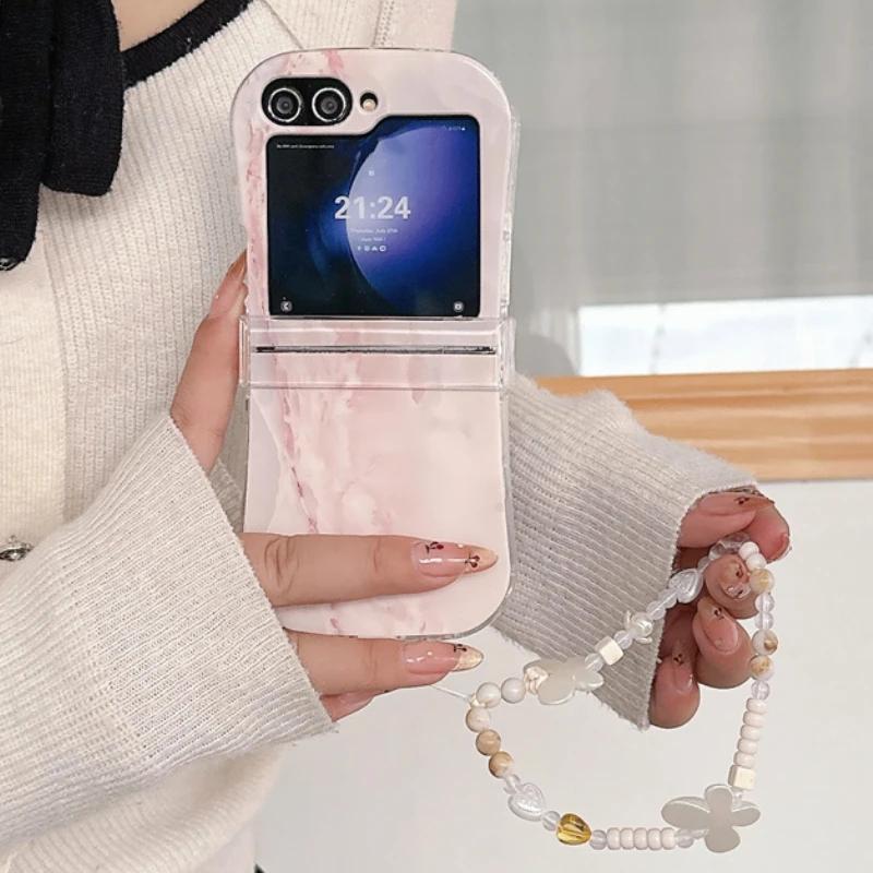 Korean Marble Texture Painted Case For Samsung Galaxy Z Flip 6 5 4 3 5G Flip4 Flip5 3-piece Set Flip6 Cute Anti-Scratch Cover