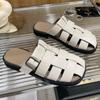 Retro Women Genuine Leather Mules Round Toe Flat Sandals Buckle Slippers Ladies Fashion Casual Shoes Summer