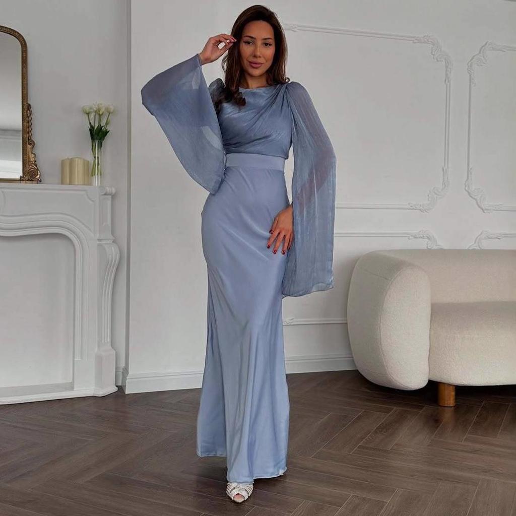 Элегантное атласное платье облегающего силуэта с разрезом - Длинный рукав, блестящее и облегающее бедра для осени/зимы