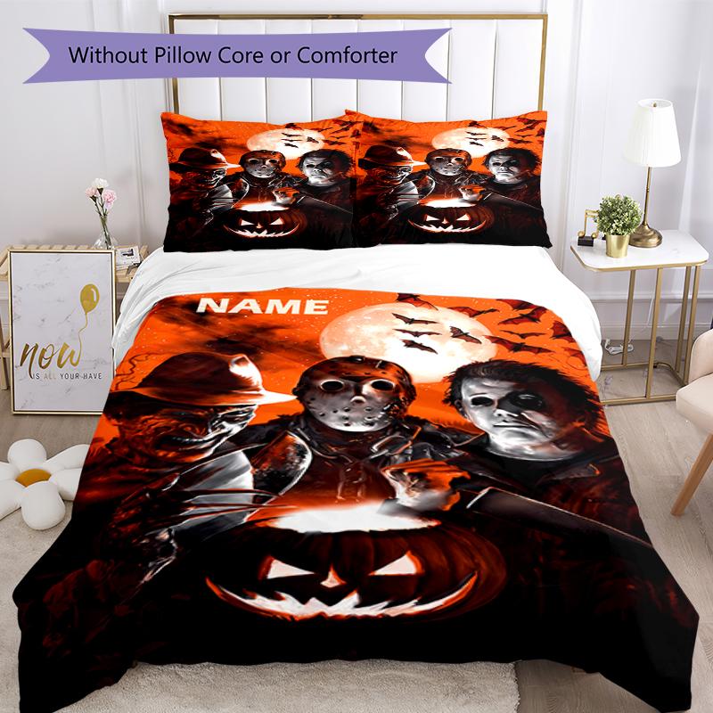 3pcs Custom Name Halloween horror Bedding Set Duvet Cover Closure Includes 1 Duvet Cover & 2 Pillowcases, Soft and Comfortable for All Seasons.