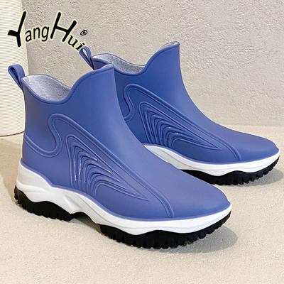 Модные женские резиновые сапоги на платформе, водонепроницаемые, износостойкие, однотонные, черные, ботильоны для женщин 2024, новая мода, весна-осень