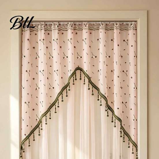 Embroidered Gauze Room Divider Sheer Floral Door Curtain with Beads, Lace Translucent Privacy Panel Divider, Rod Pocket Doorway for Bedroom