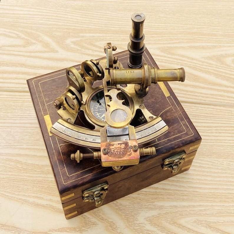 Brass Sextant Compass W Wooden Box Vintage Solid Antique Nautical Sailing Maritime Marine Navy Functional Gift Decoration Christmas Present