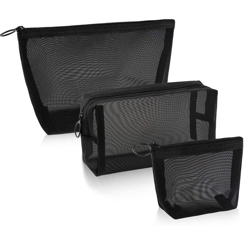 3PCS Black Women's Cosmetic Bag Mesh Storage Organizer for Cosmetics Pencil Case Travel Girl Brush Toilet Makeup Pouch Case