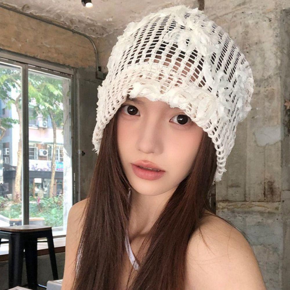 Cute Crochet Flower Hat Handmade Flower Knitted Hat Casual Weave Cap  Outdoor