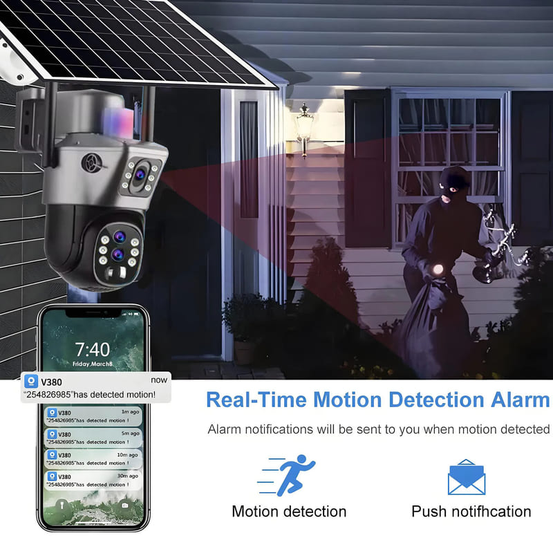 LS VISION Solar Outdoor Surveillance Camera 4G Sim 6K 12MP Three Lens 10 Digital Zoom Wireless Cctv PTZ IP66 Security Solar Panel Cameras