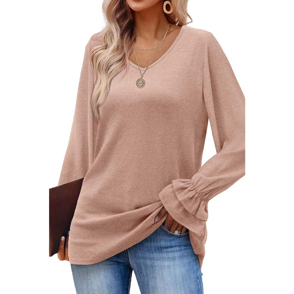 GMXIA Autumn Winter Horn Sleeve Long Sleeve Solid Color T-shirt Top for Women
