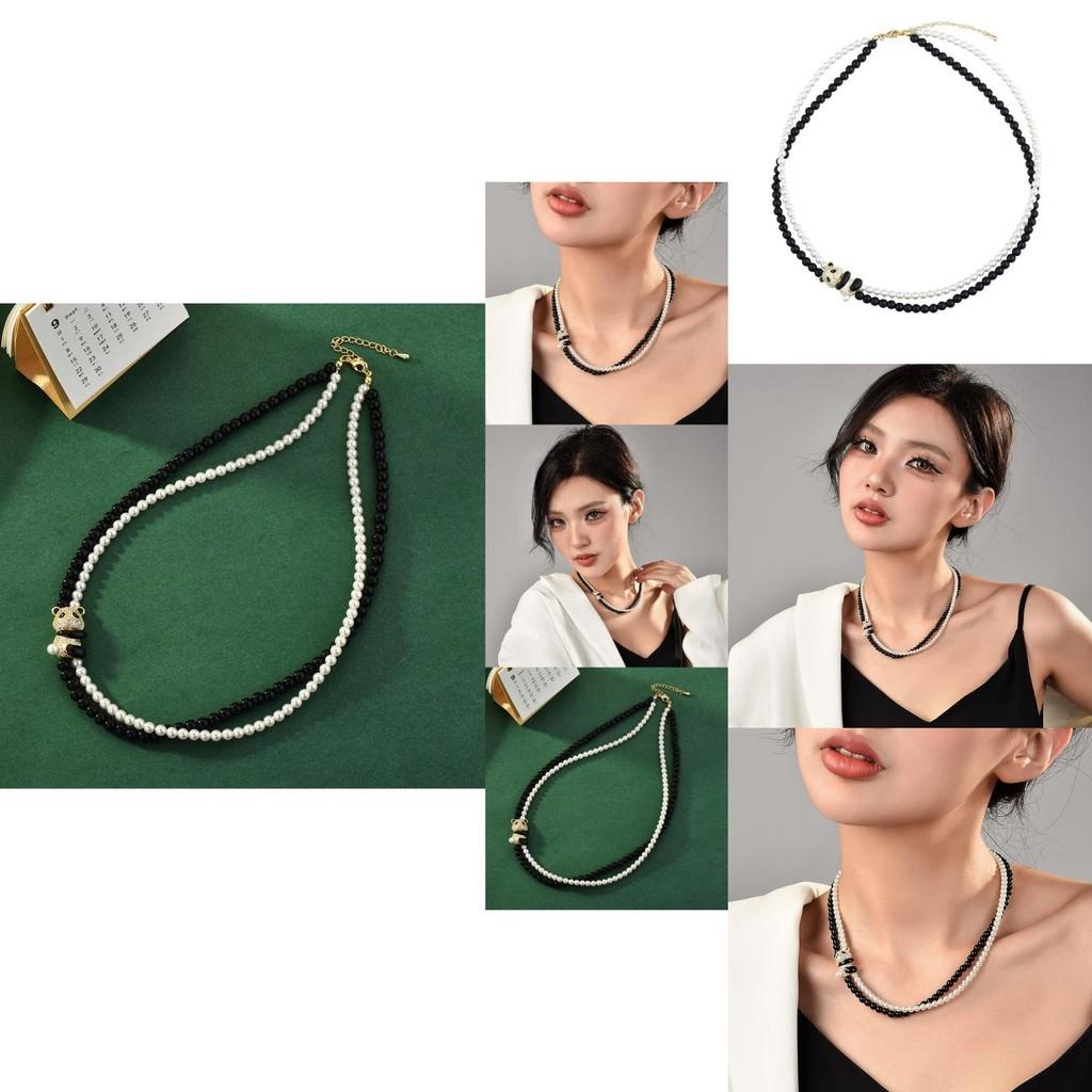 Vintage Inspired Black And White Crystal Pearl Choker Necklace Featuring Adorable Panda Charm