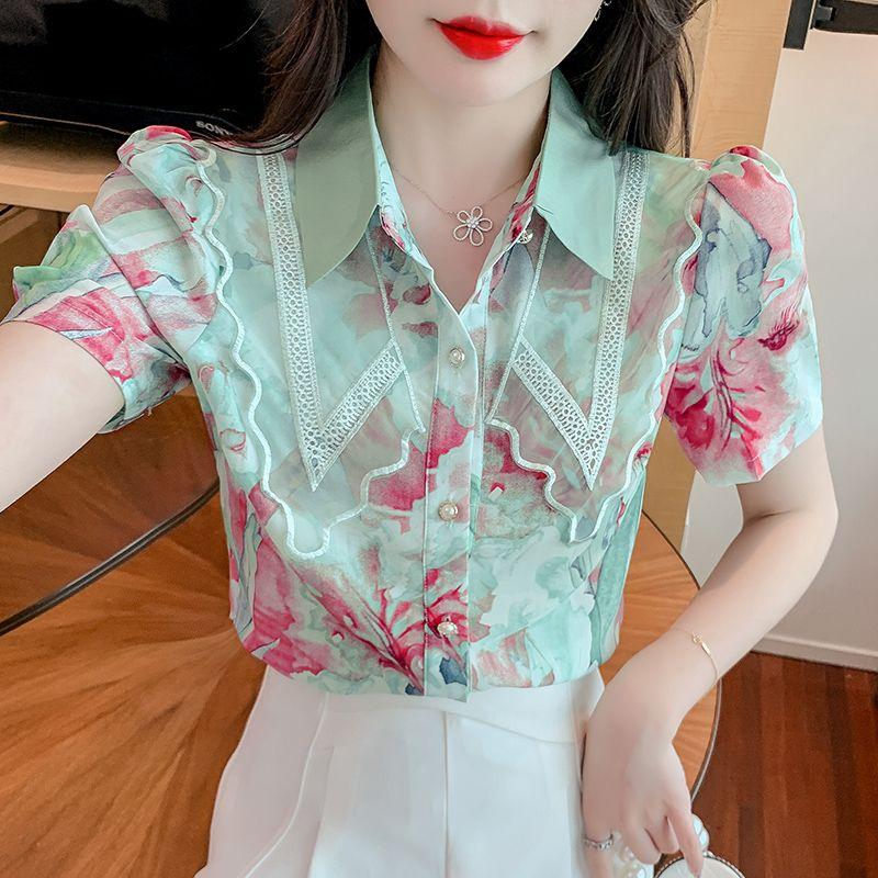 Женская одежда, модная кружевная лоскутная рубашка с цветочным принтом, шикарная элегантная рубашка, летняя милая тонкая блузка с короткими рукавами, Blusas Mujer