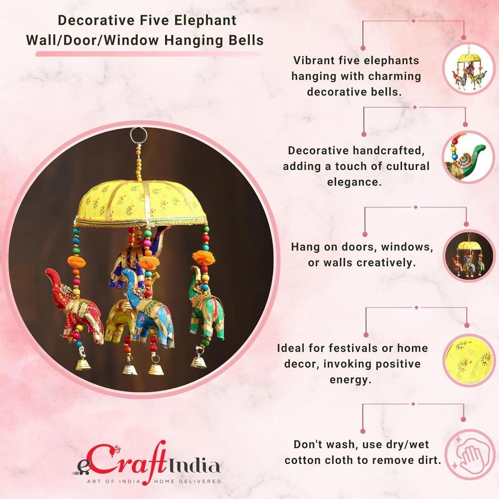 Multicolor Handcrafted Decorative Five Elephant Wall/Door/Window Hanging Bells Wind Chimes Showpiece for Home Decor, Wall Decor, Pooja Room Temple